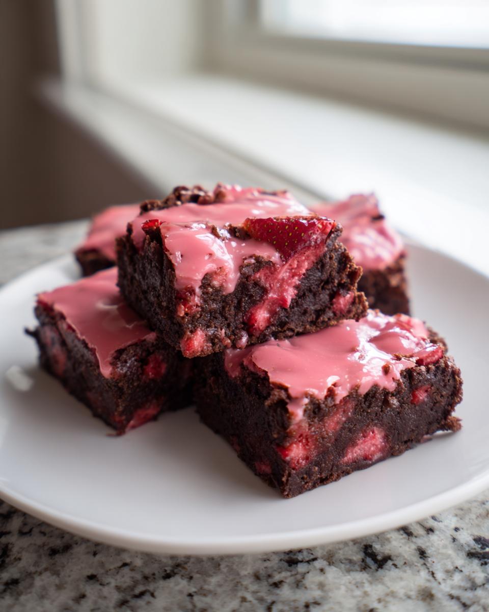 A stack of four fudgy strawberry brownies topped with bright pink strawberry glaze, sitting on a white plate.