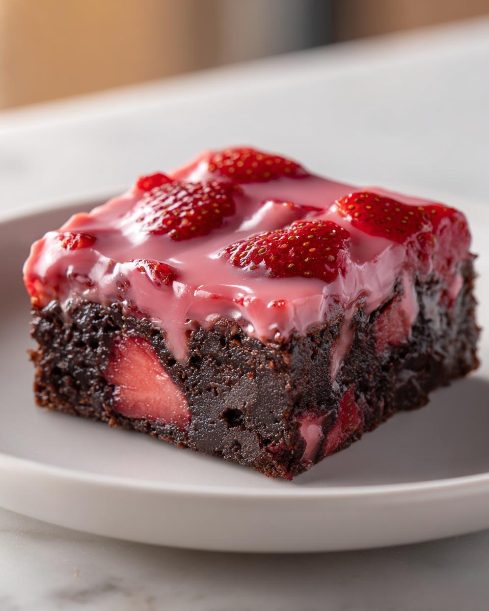 A close-up of a fudgy strawberry brownies square topped with pink glaze and sliced strawberries.