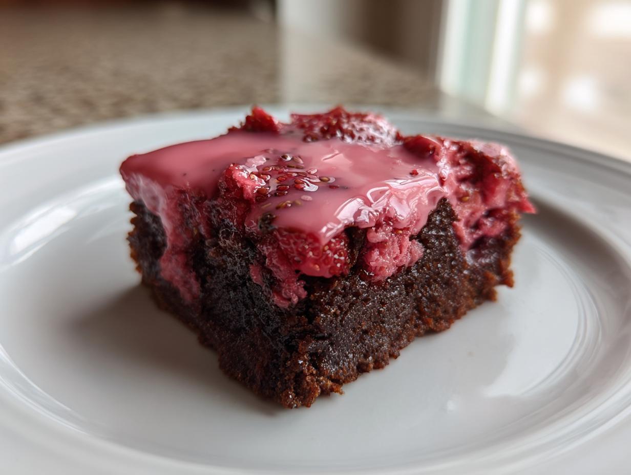 Close-up of a fudgy strawberry brownie slice topped with mashed strawberries and a bright pink glaze.