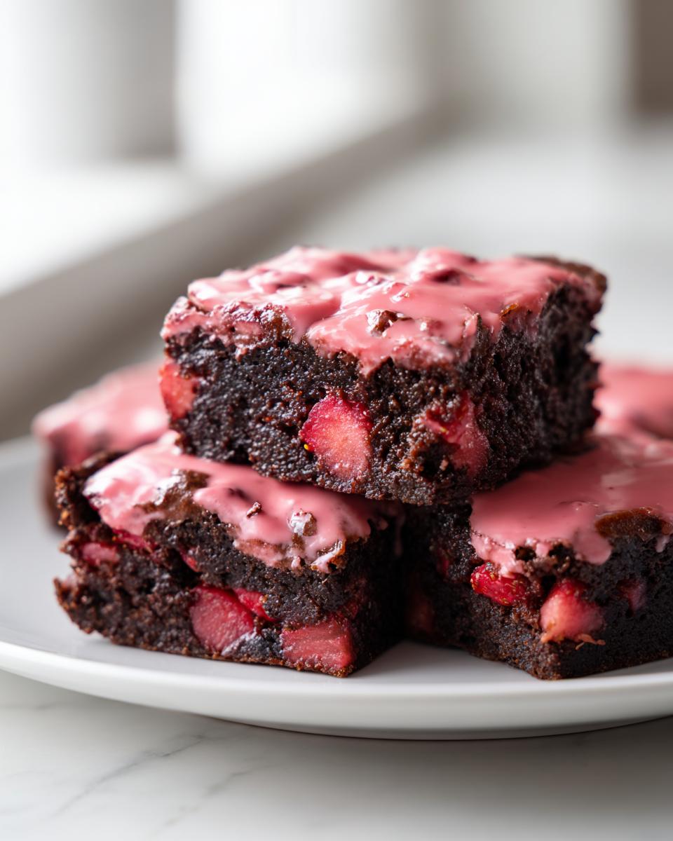 Stack of fudgy strawberry brownies with pink glaze, showing chunks of fresh strawberries inside.