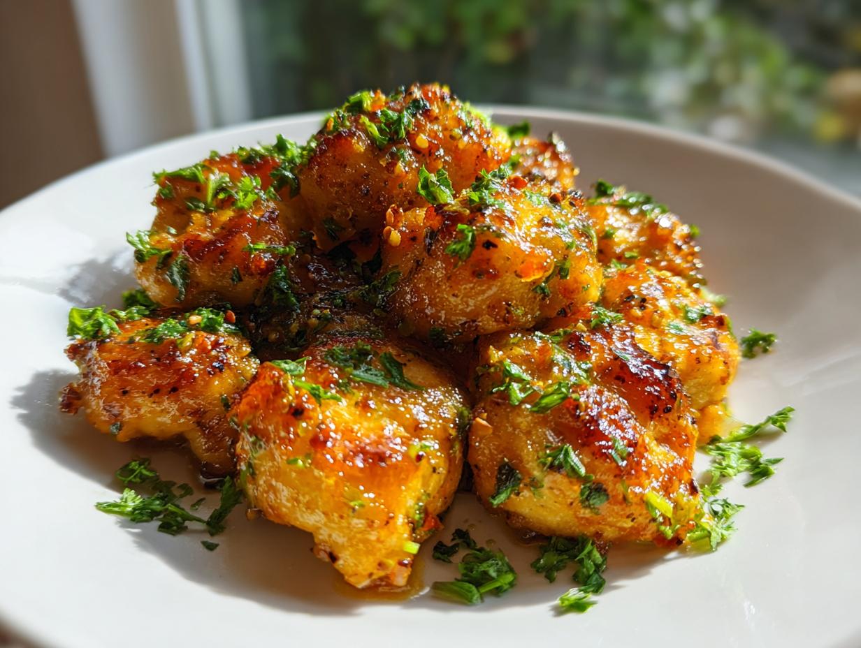 A close-up of golden brown, glossy garlic butter chicken bites topped with fresh chopped parsley.