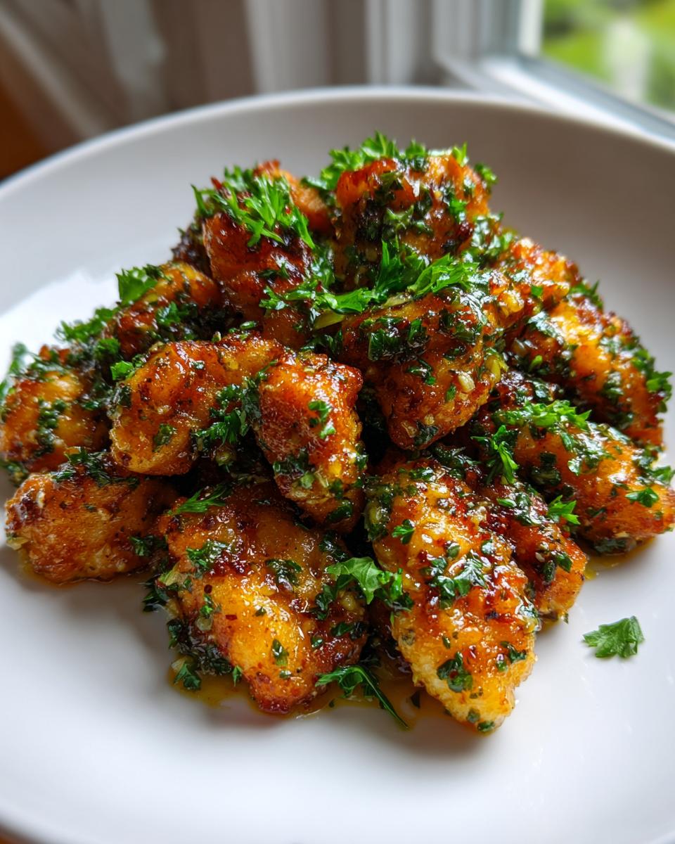 A close-up of golden brown, saucy chicken bites generously topped with fresh chopped parsley on a white plate.