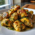 Close-up of glistening, golden garlic butter chicken bites generously topped with fresh chopped parsley.