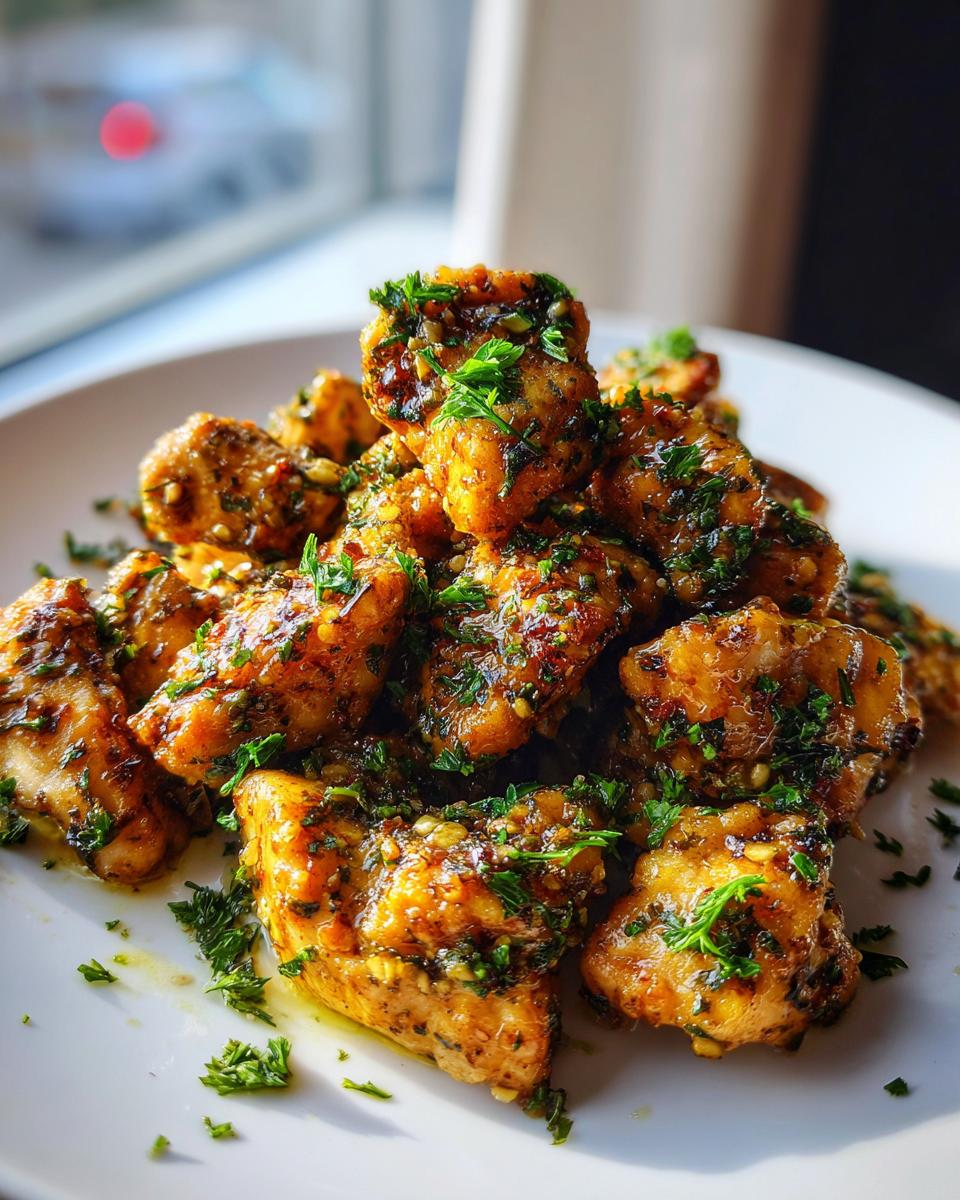 A close-up of golden brown garlic butter chicken bites generously topped with fresh chopped parsley.