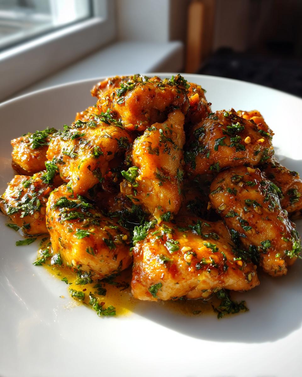 A close-up of glistening, golden garlic butter chicken bites topped generously with fresh chopped parsley.
