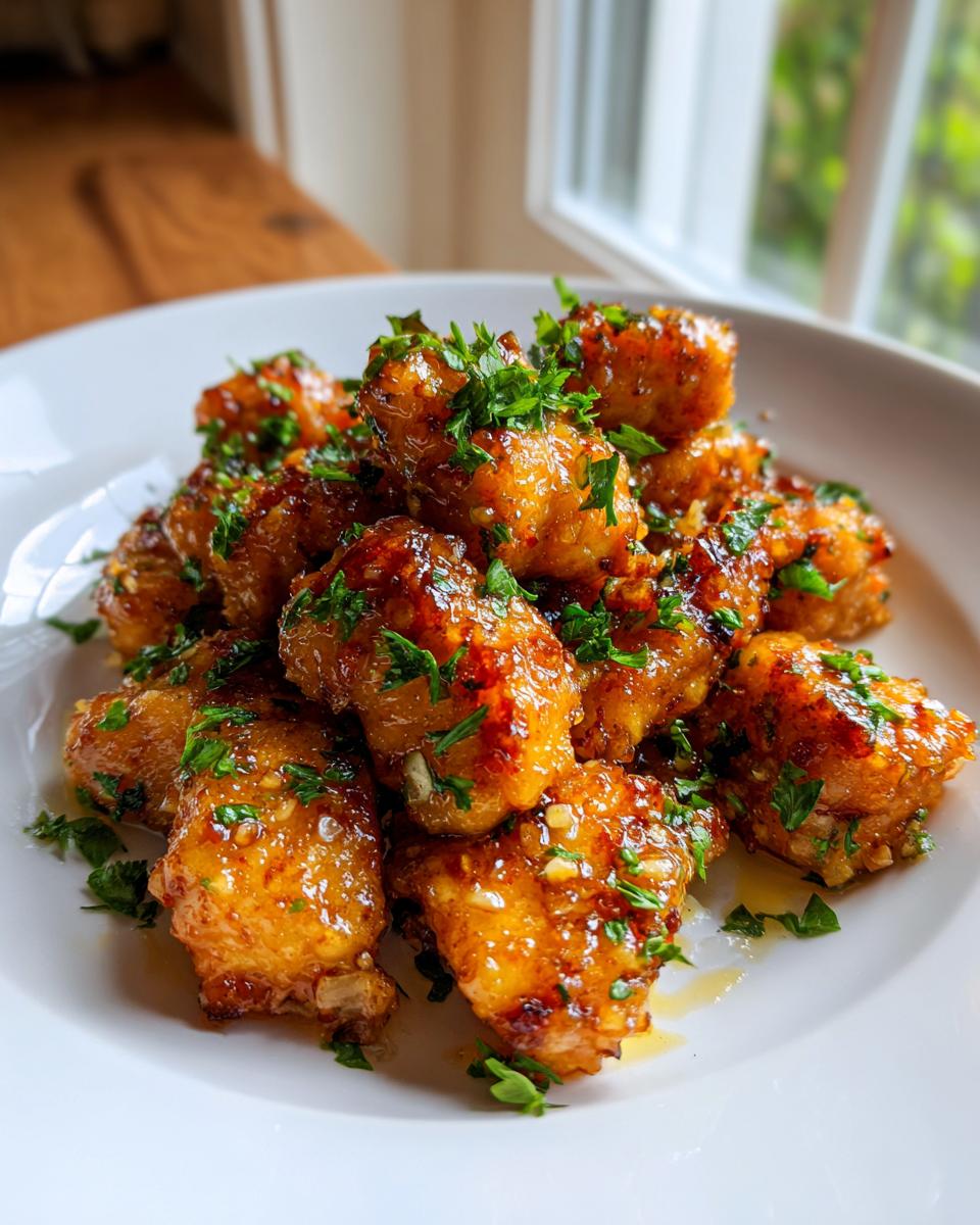 A mound of golden, glossy garlic butter chicken bites topped with fresh chopped parsley on a white plate.