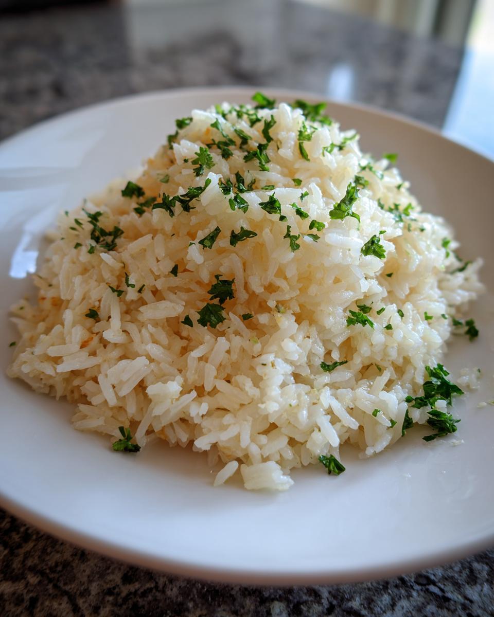 A mound of fluffy garlic butter rice seasoned and topped generously with chopped fresh parsley on a white plate.