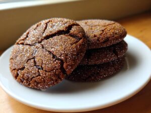 Close-up of a stack of four chewy ginger molasses cookies coated in sparkling sugar, resting on a white plate.