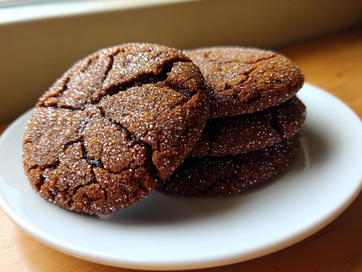 Close-up of a stack of four chewy ginger molasses cookies coated in sparkling sugar, resting on a white plate.