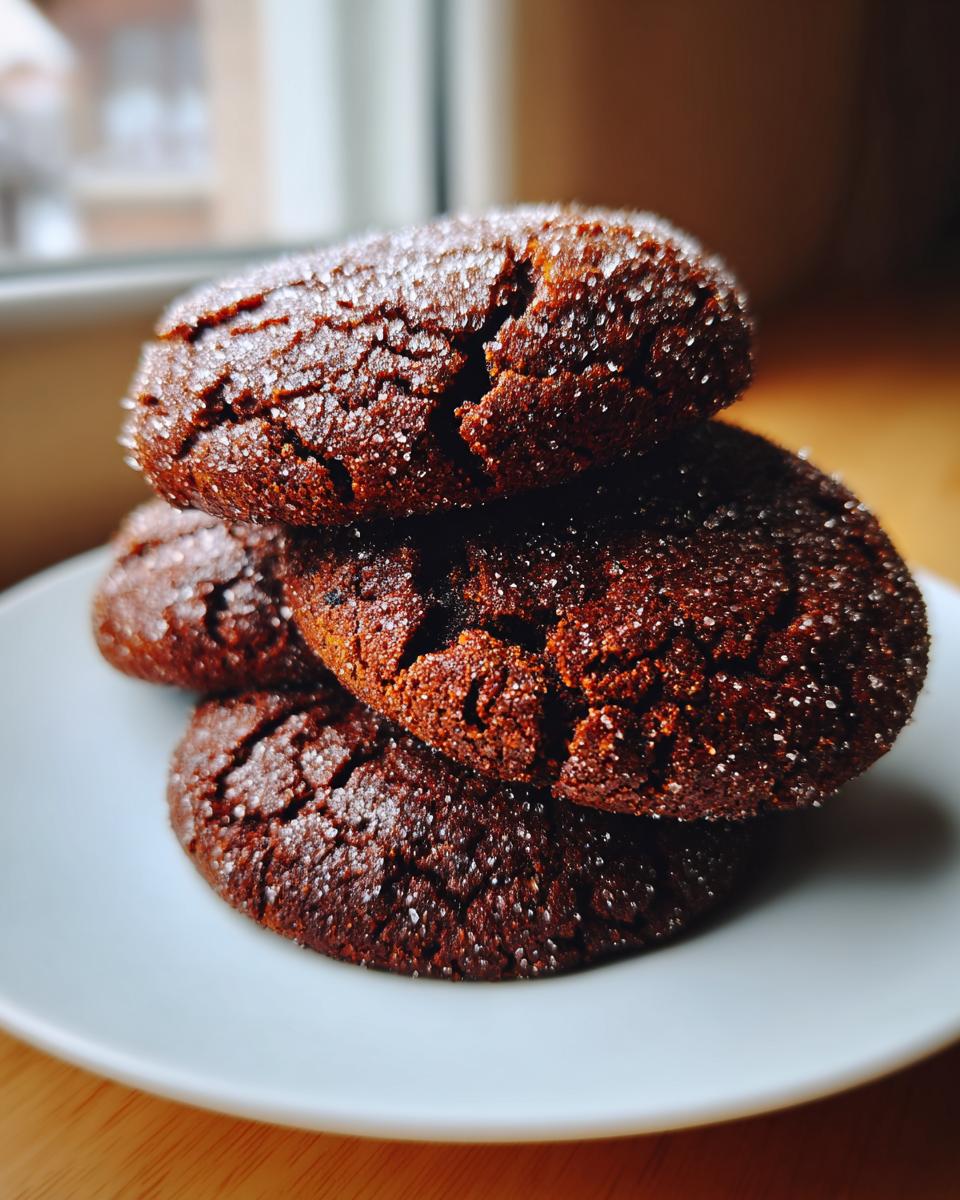 A stack of three dark, chewy ginger molasses cookies coated in sparkling sugar crystals.