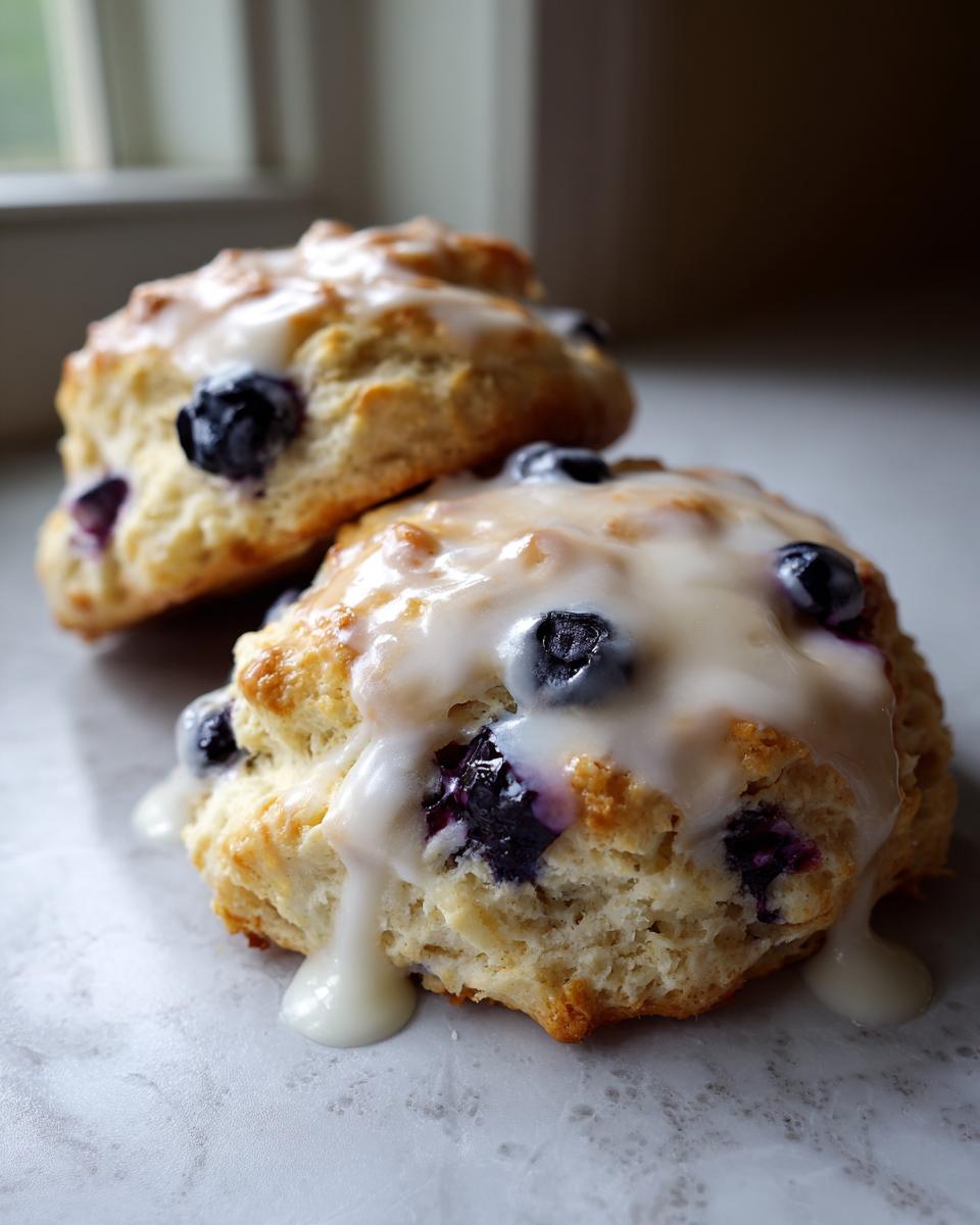 Two flaky blueberry scones topped with thick white glaze dripping down the sides.