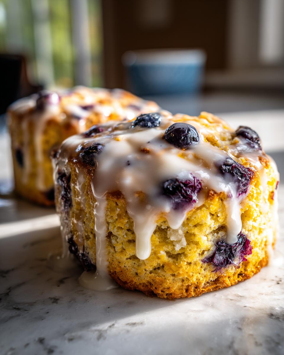 Close-up of a freshly baked blueberry scones topped with thick white glaze dripping down the sides.