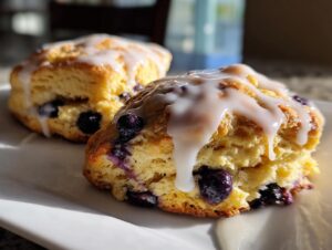 Two flaky blueberry scones drizzled with thick white glaze, highlighting the moist interior and fresh blueberries.