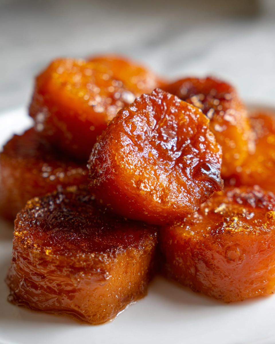 A close-up stack of thick, round candied sweet potatoes glistening with a rich, dark brown glaze.