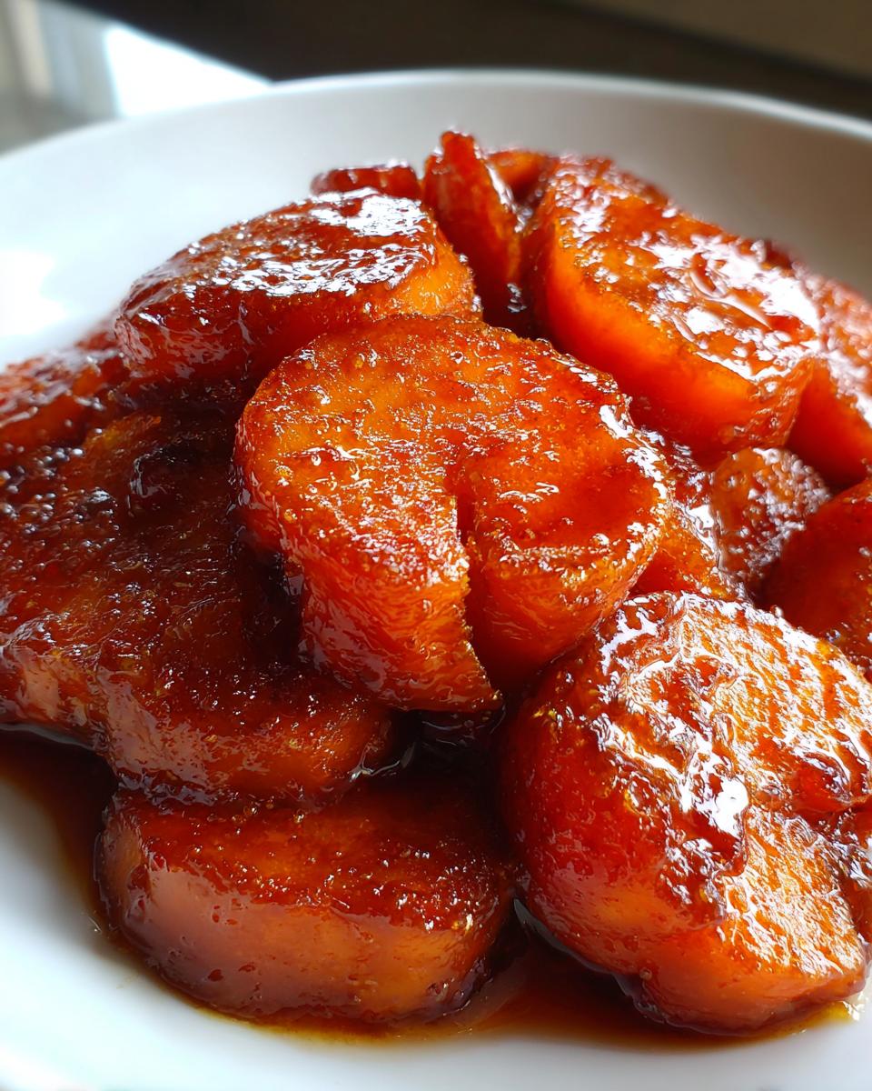 A close-up of thick, round slices of candied sweet potatoes coated in a rich, dark, glossy syrup.