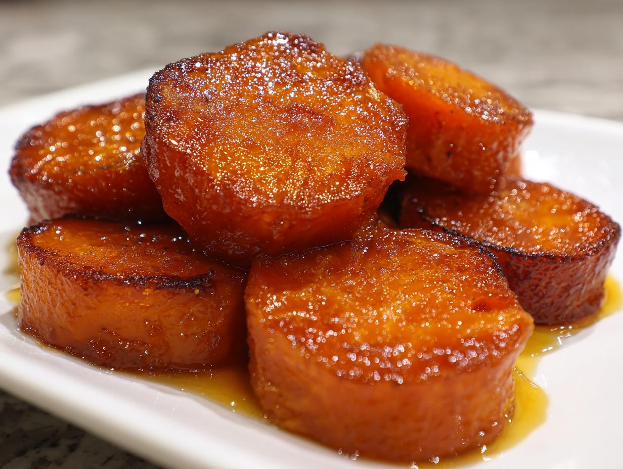 A close-up of several thick slices of candied sweet potatoes glistening with a rich, brown sugar glaze.