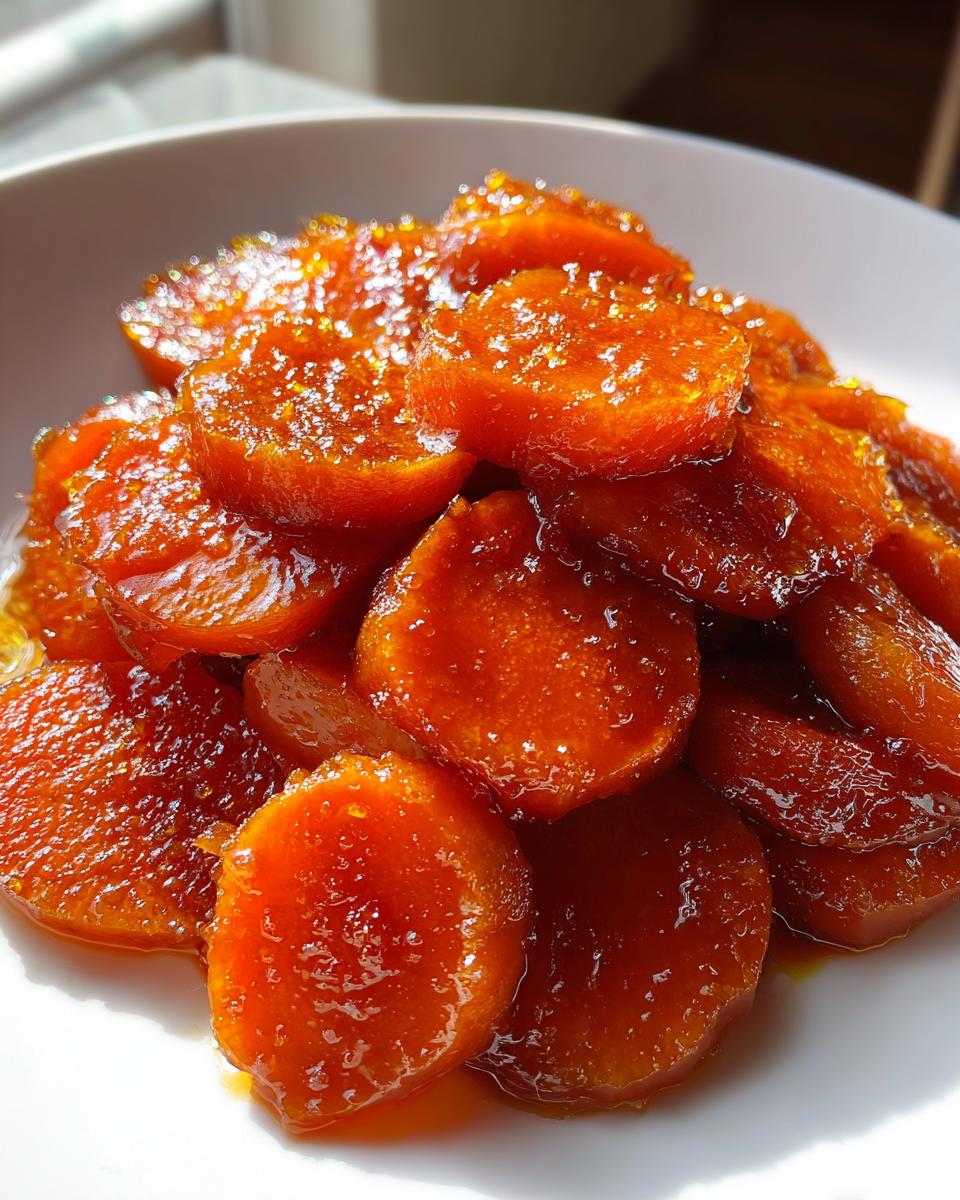 Close-up of glistening, round slices of candied sweet potatoes piled high on a white plate.
