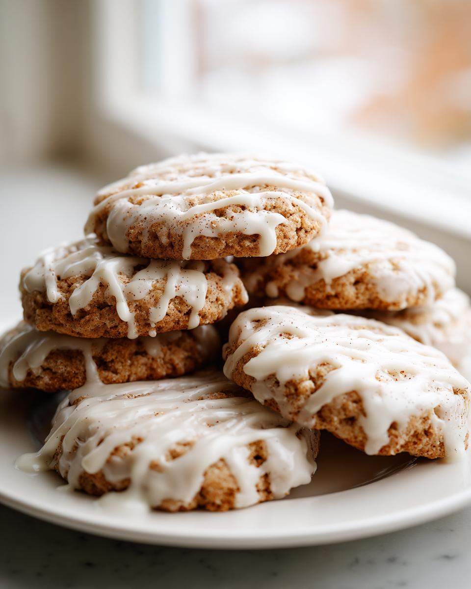 A stack of soft, spiced eggnog cookies drizzled generously with white vanilla glaze.