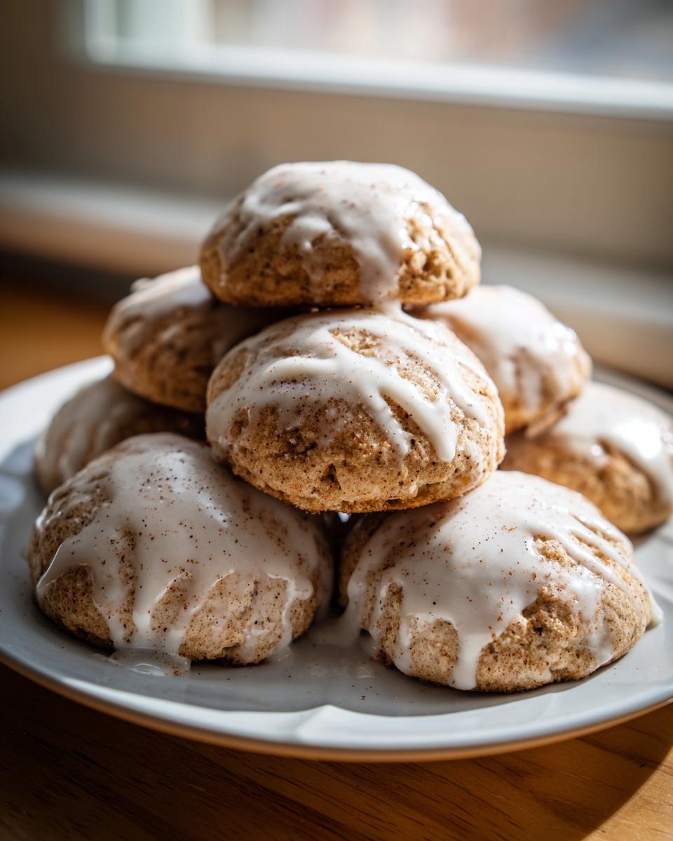 A stack of soft, round eggnog cookies topped with white glaze and sprinkled with nutmeg.