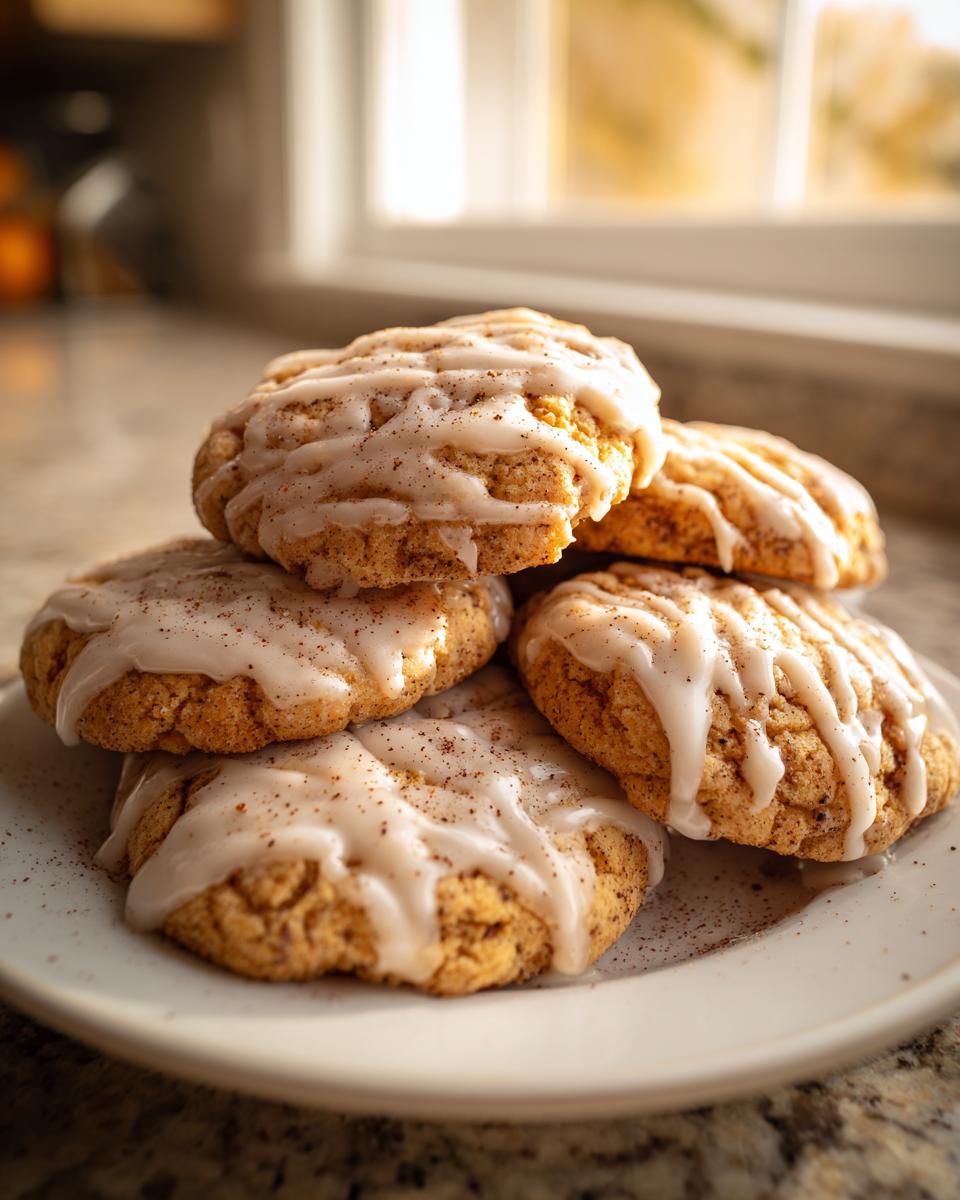 A stack of soft, glazed eggnog cookies sprinkled with cinnamon on a white plate.