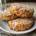 Three freshly baked fruitcake cookies, studded with colorful candied fruit and topped with a white glaze, stacked on a small white plate.