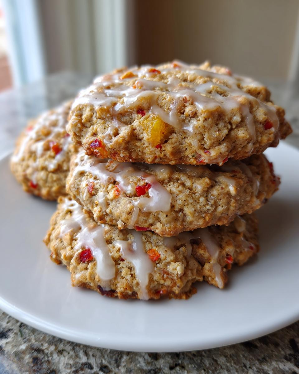 A stack of three soft fruitcake cookies drizzled with white icing, featuring visible pieces of candied fruit.