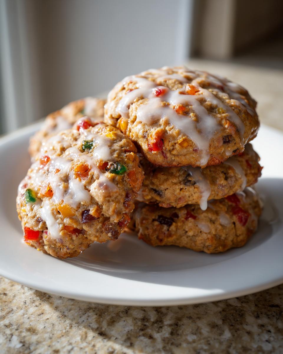 A stack of four delicious fruitcake cookies drizzled with white icing, featuring visible colorful candied fruit pieces.