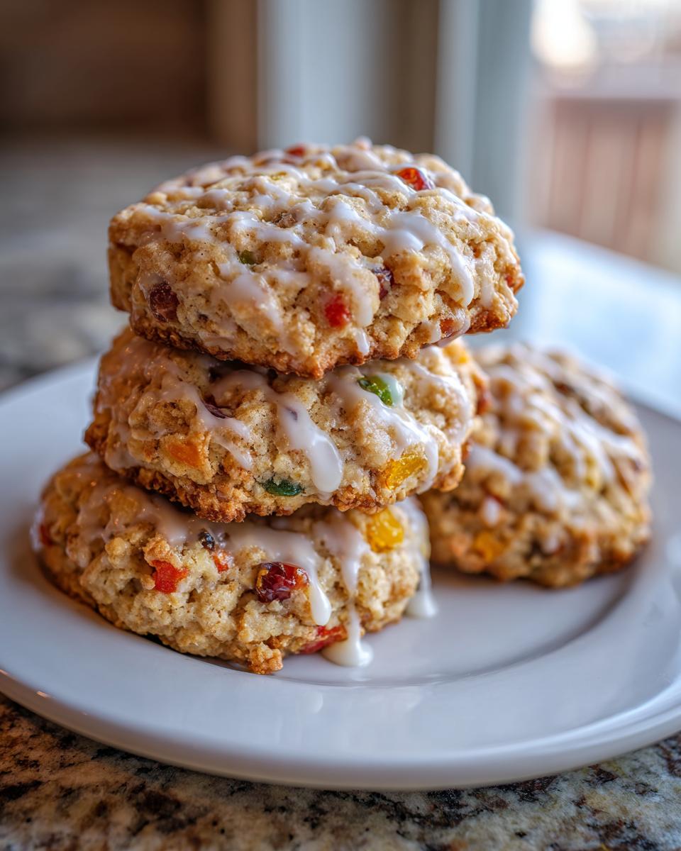 A stack of three delicious fruitcake cookies drizzled with white icing, featuring colorful candied fruit pieces.