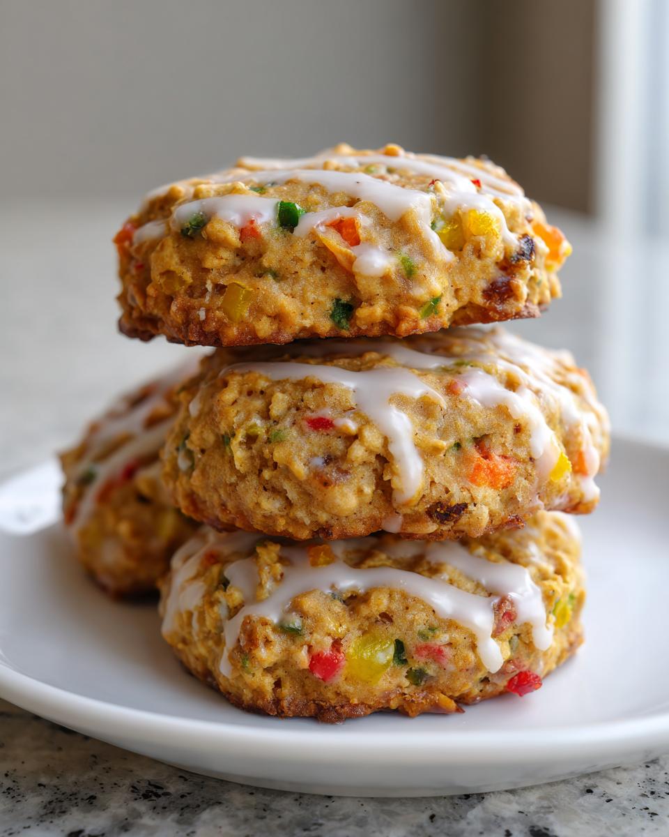 A stack of three thick, glazed fruitcake cookies loaded with colorful candied fruit pieces.