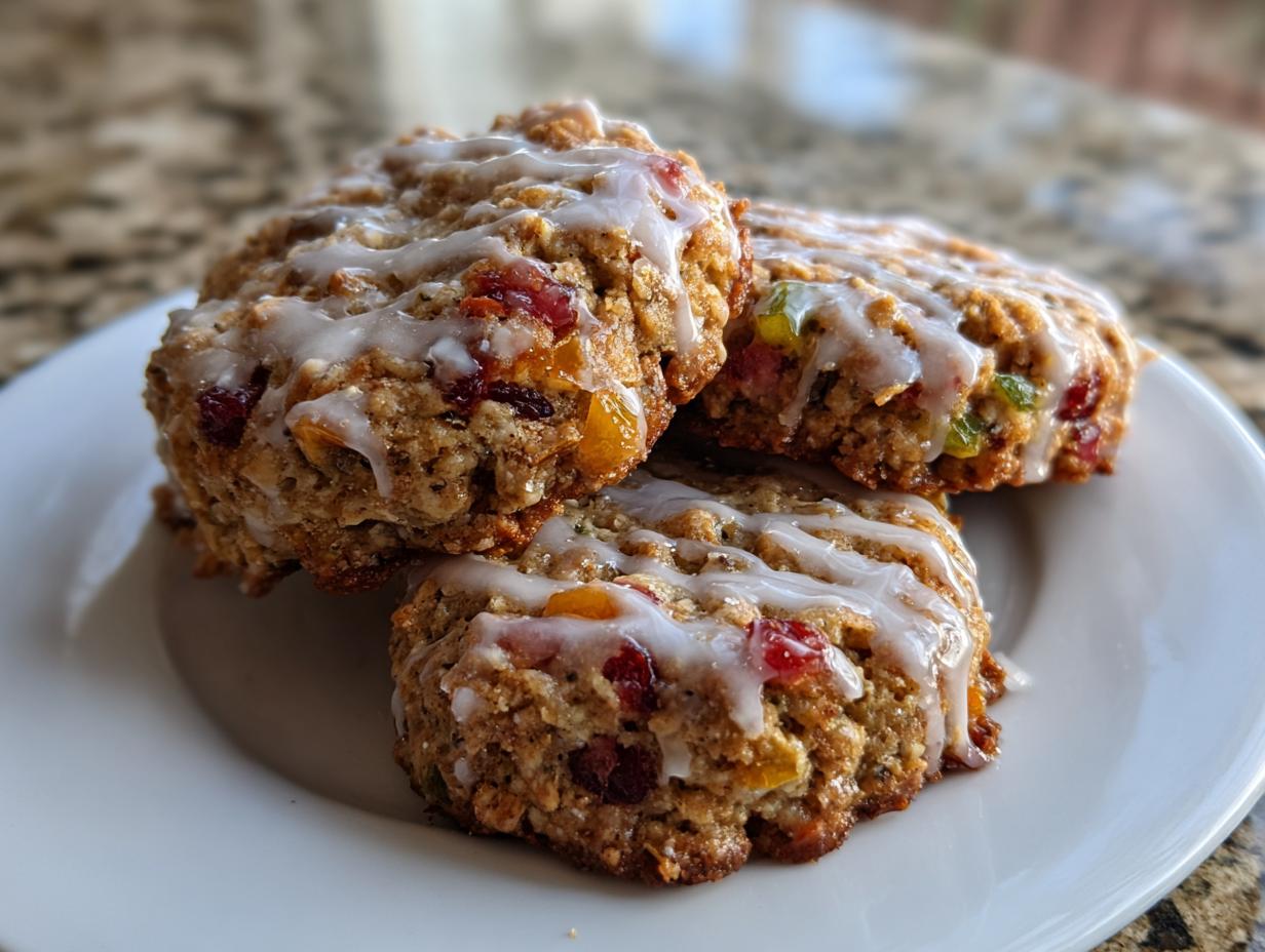 Three delicious fruitcake cookies stacked on a white plate, drizzled with white icing.