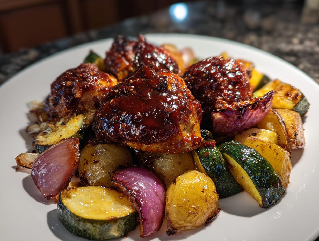 Three pieces of glazed harissa chicken served over roasted potatoes, zucchini, and red onions on a white plate.