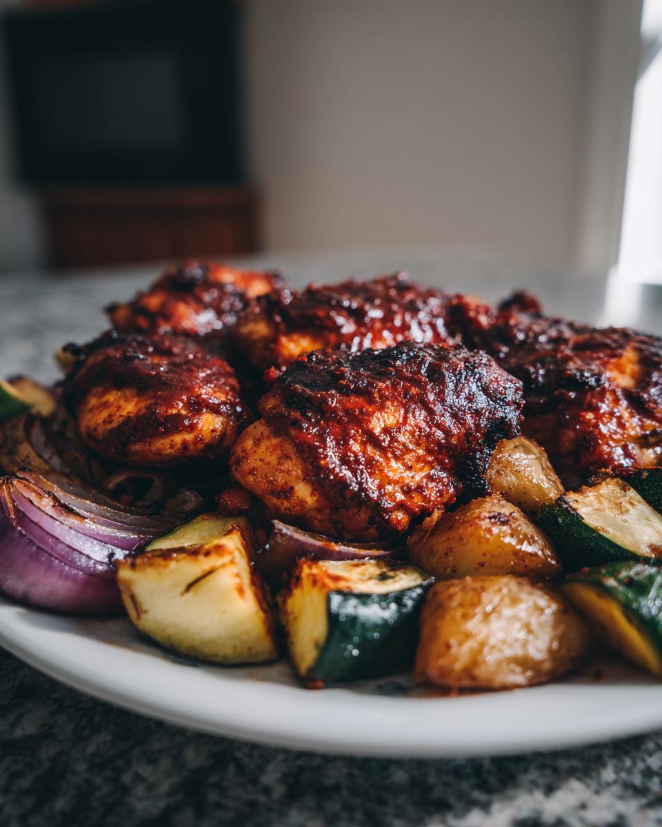 Close-up of deeply glazed harissa chicken thighs served with roasted zucchini, potatoes, and red onion wedges.