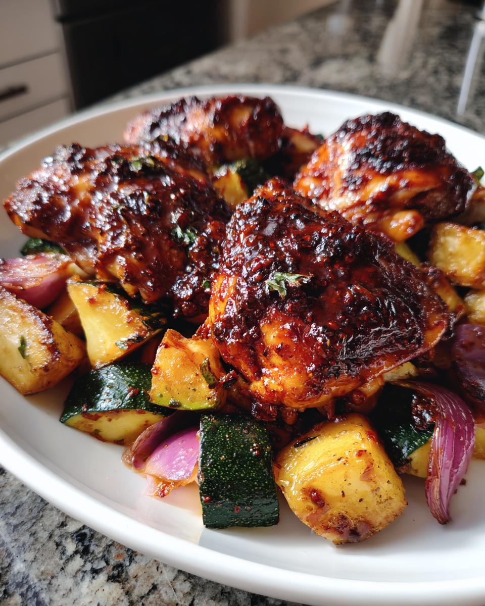 Close-up of glazed harissa chicken thighs served over roasted potatoes, zucchini, and red onion.