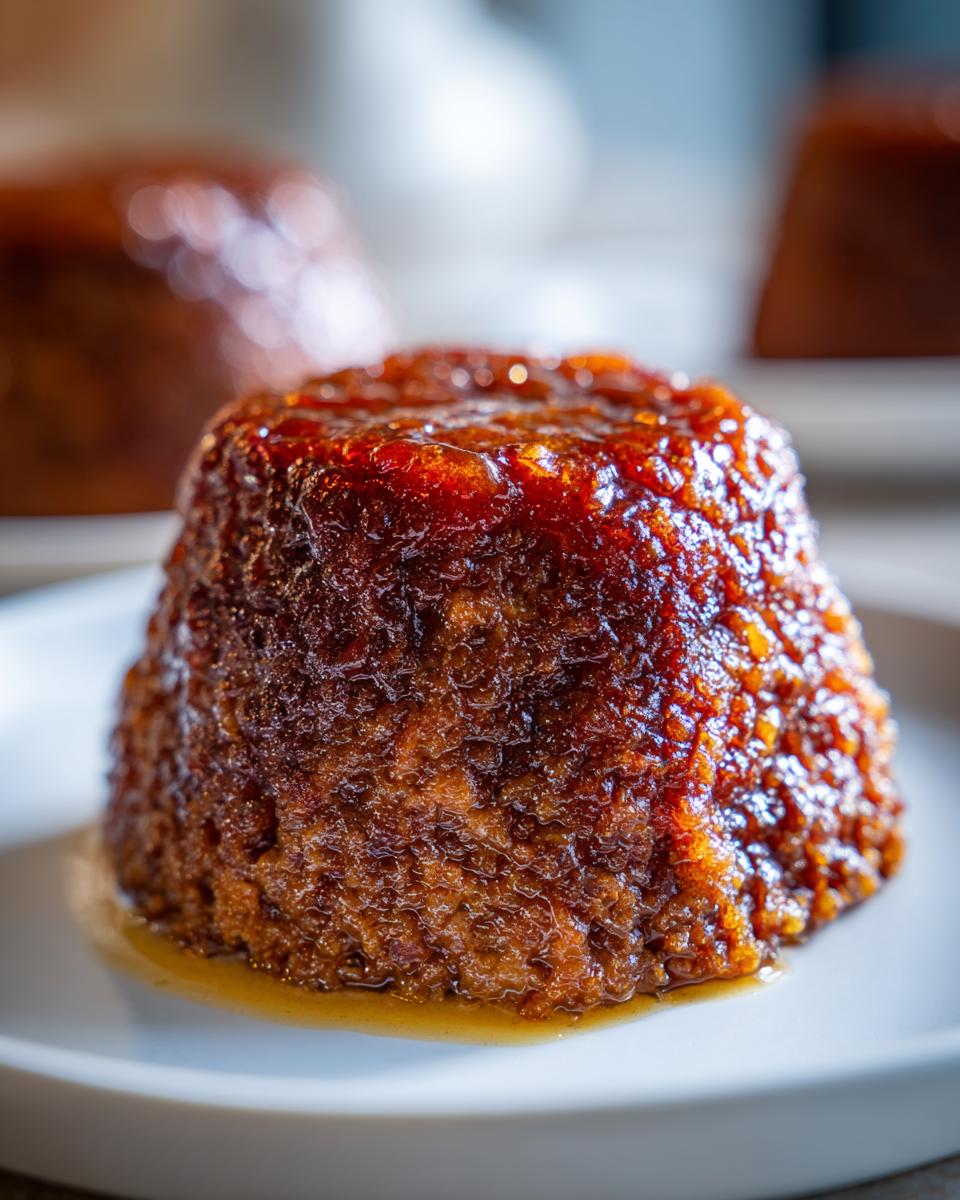 Close-up of a single, deeply caramelized mini meatloaf glistening with a sweet glaze on a white plate.