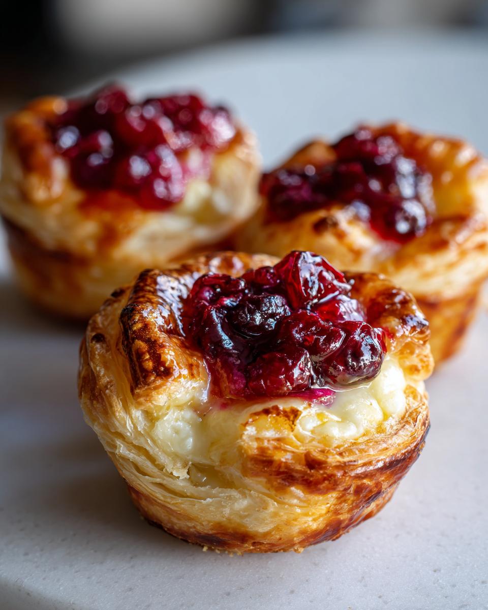 Close-up of three golden, flaky pastry brie bites filled with melted brie and topped with dark red berry preserves.