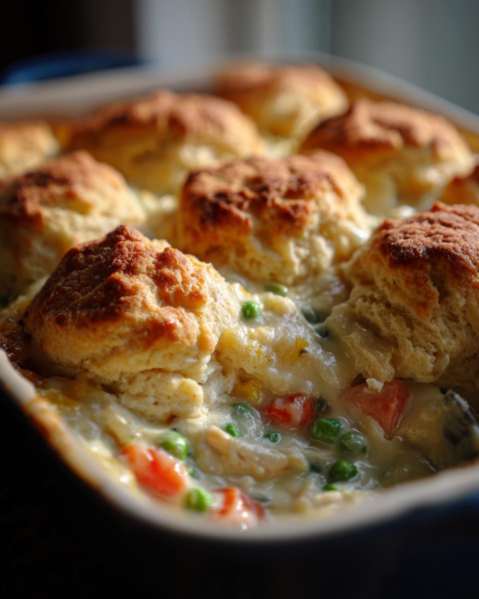 Close-up of a baked chicken pot pie casserole topped with golden brown biscuits nestled in creamy filling with peas and carrots.