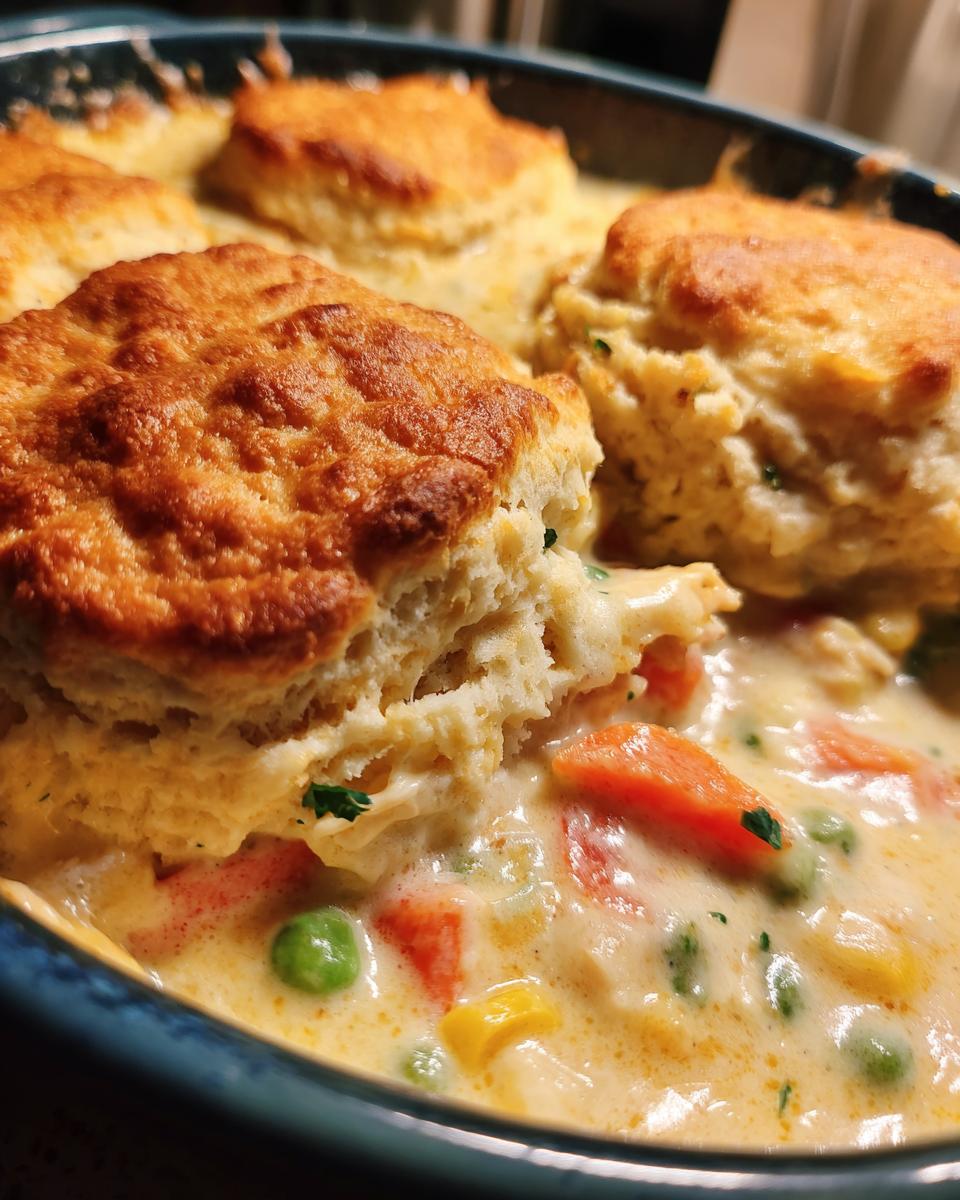 Close-up of golden brown biscuits topping a creamy chicken pot pie casserole filled with peas, carrots, and corn.