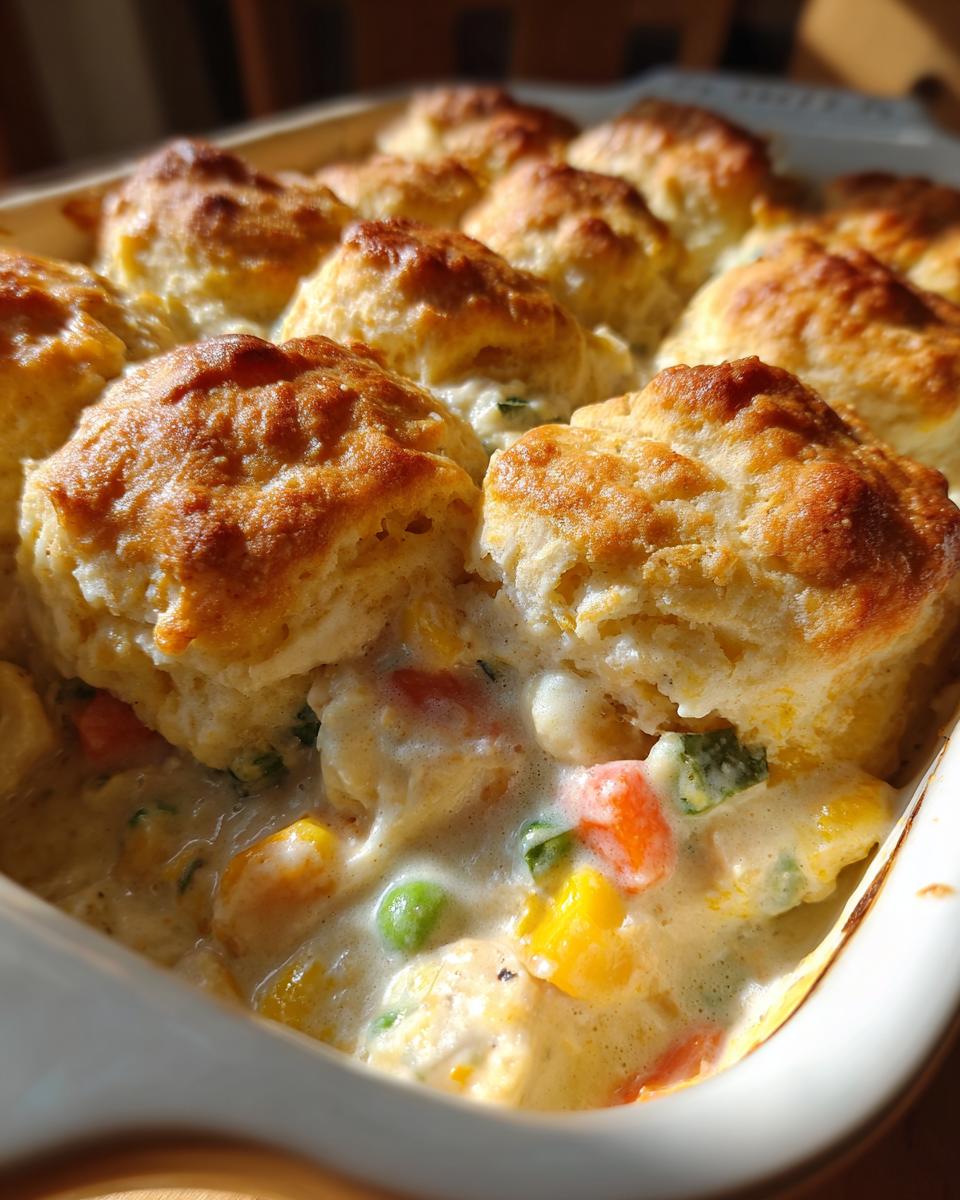 Close-up of a freshly baked chicken pot pie casserole topped with golden, fluffy biscuits over creamy filling.