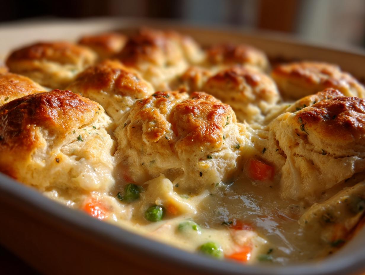 Close-up of a bubbling chicken pot pie casserole topped with golden brown biscuits and creamy filling with peas and carrots.