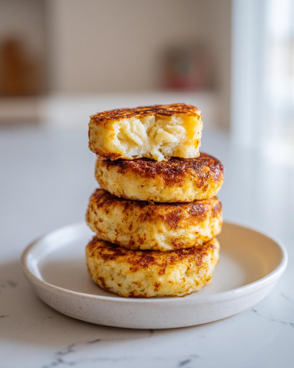 A stack of four golden brown, pan-fried mashed potato cakes, with the top one broken open to show the fluffy interior.