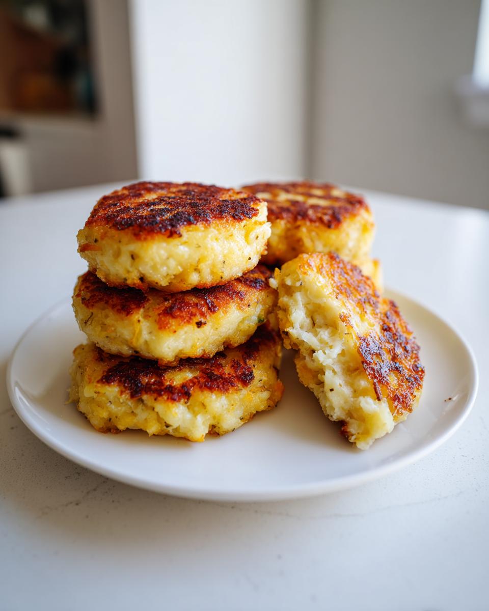 A stack of four golden brown, pan-fried mashed potato cakes, with one broken open to show the fluffy interior.
