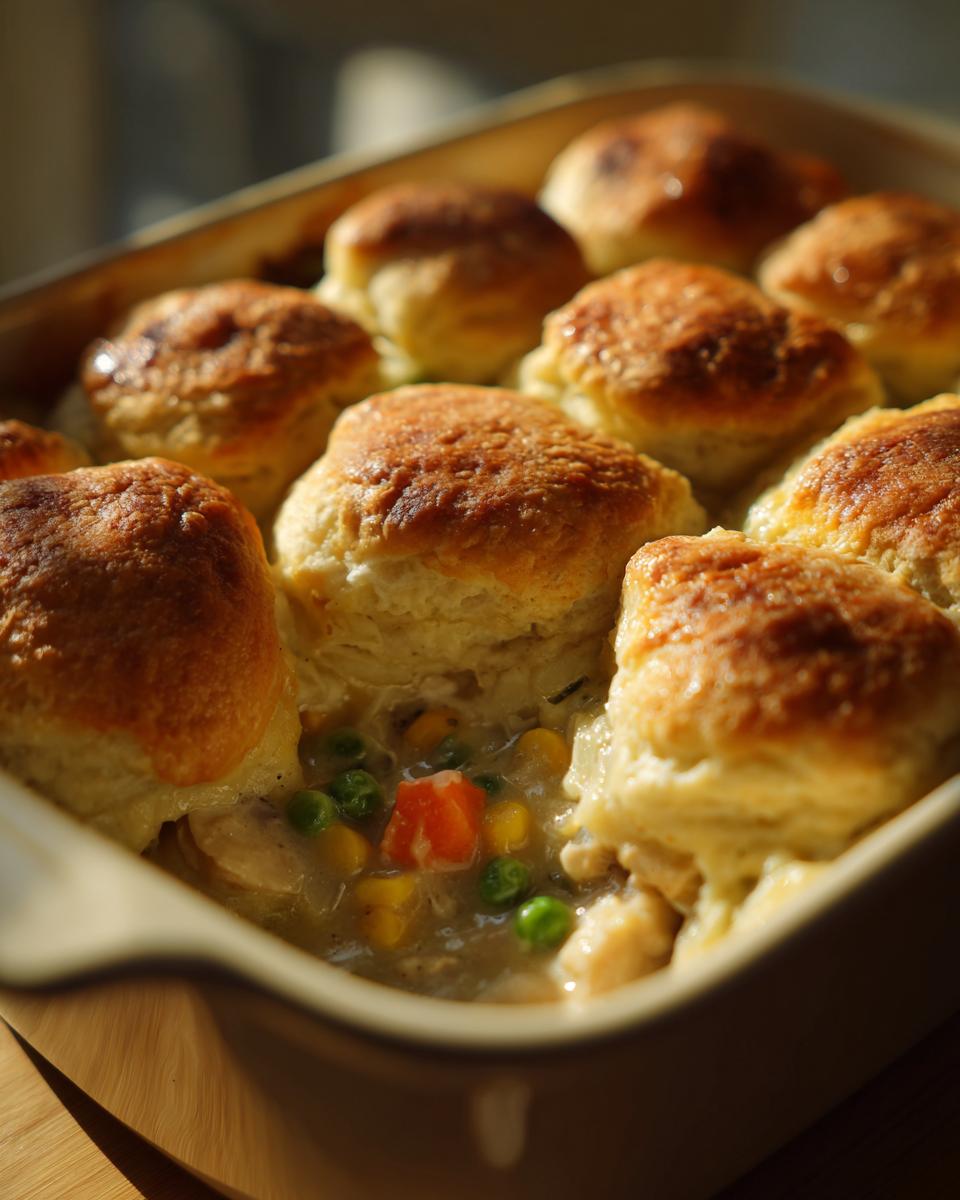 Close-up of a baked chicken pot topped with golden, fluffy biscuits showing filling of chicken, peas, and carrots.