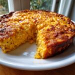 A golden-brown, baked cream cheese corn casserole served on a white plate with one slice already cut out.