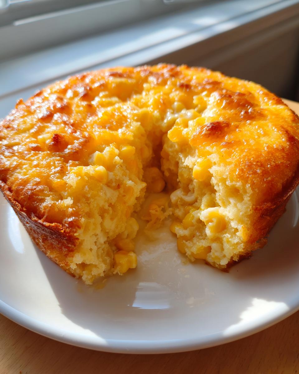 A serving of golden brown cream cheese corn casserole, showing a scoop removed to reveal the moist, cheesy interior.