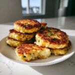 A stack of golden brown, pan-fried mashed potato cakes garnished with fresh parsley on a white plate.