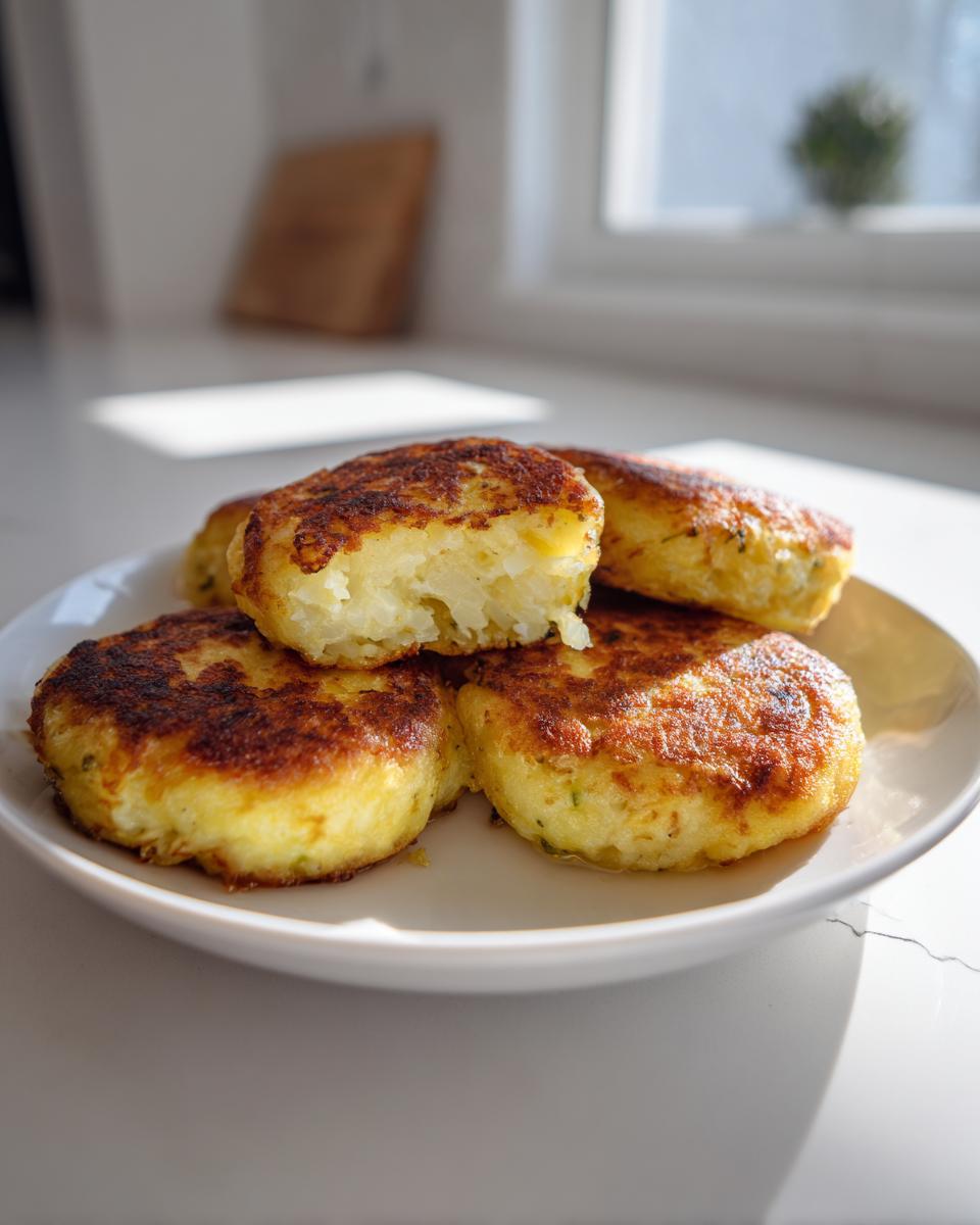A stack of golden brown, pan-fried mashed potato cakes, one broken open to show the texture inside.
