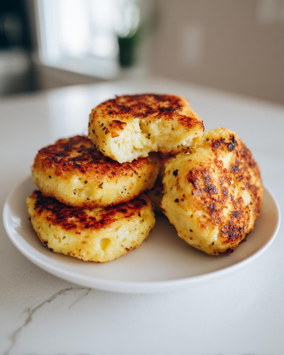 A stack of four golden brown, pan-fried mashed potato cakes, one broken open to show the fluffy interior.