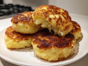 A stack of golden brown, pan-fried mashed potato cakes, one broken open to show the fluffy interior.