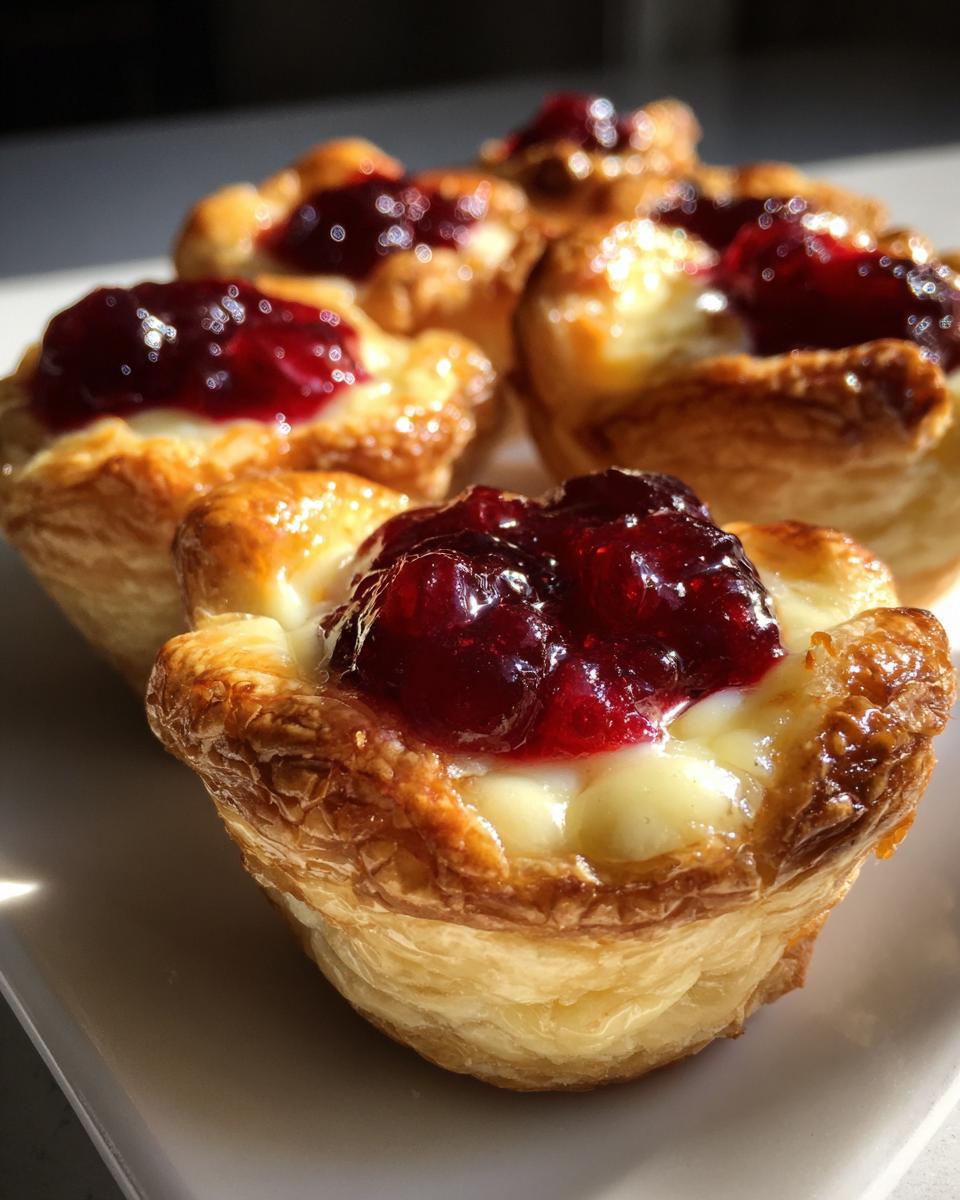 Close-up of freshly baked brie bites made with flaky pastry, melted brie cheese, and a dollop of red jam.