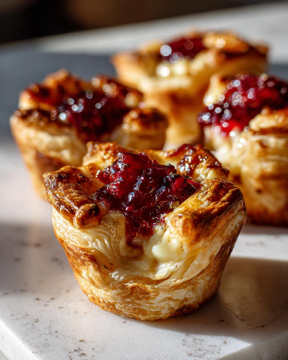 Close-up of golden, flaky puff pastry brie bites topped with glistening red jam, highlighting the melted brie.